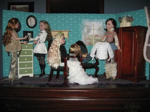 Three Ellowynes, one Prudence and Senson's Tori camp out on my bureau.